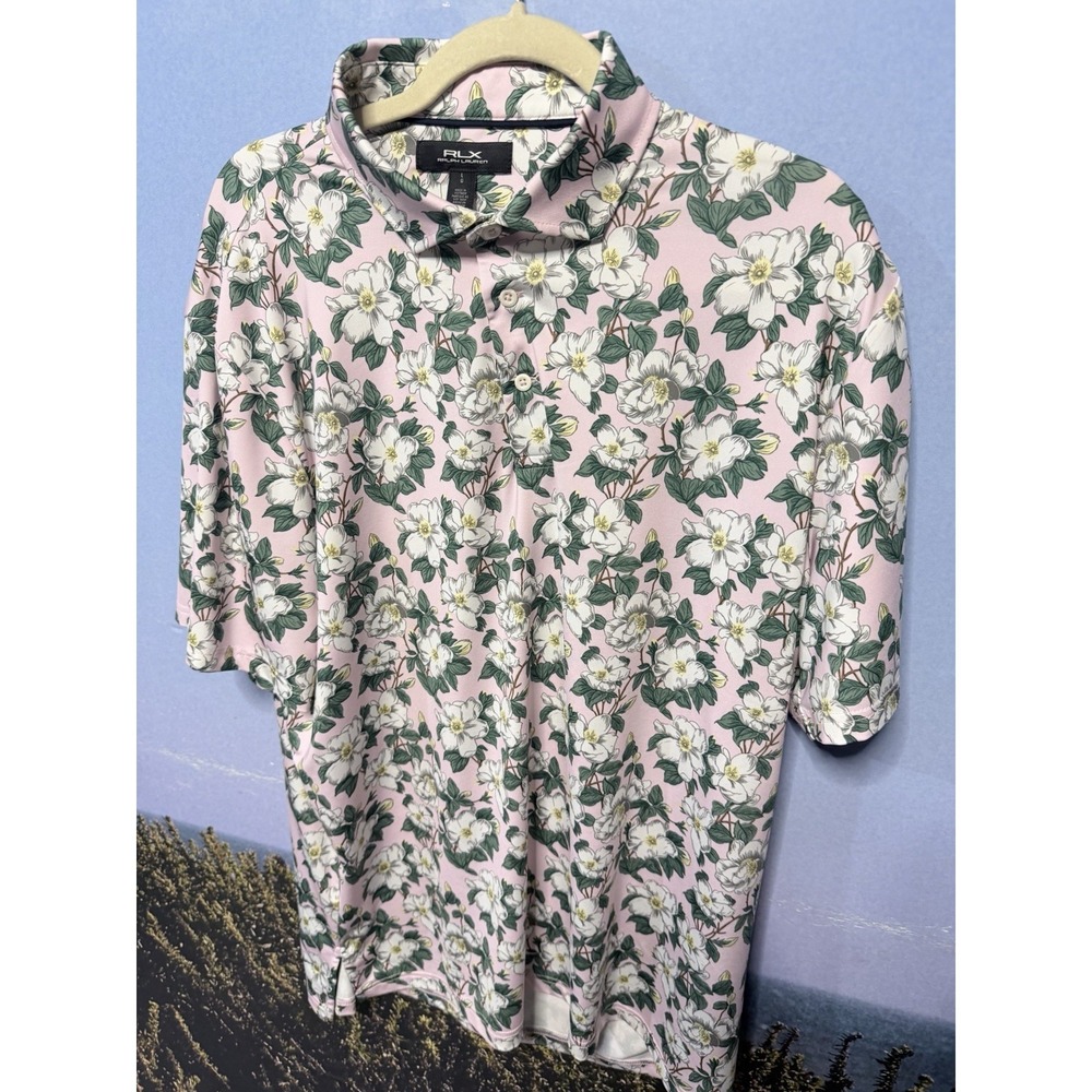 RLX Ralph Lauren Mens Georgia Rose Print Golf Polo Shirt in Pink  Size  L